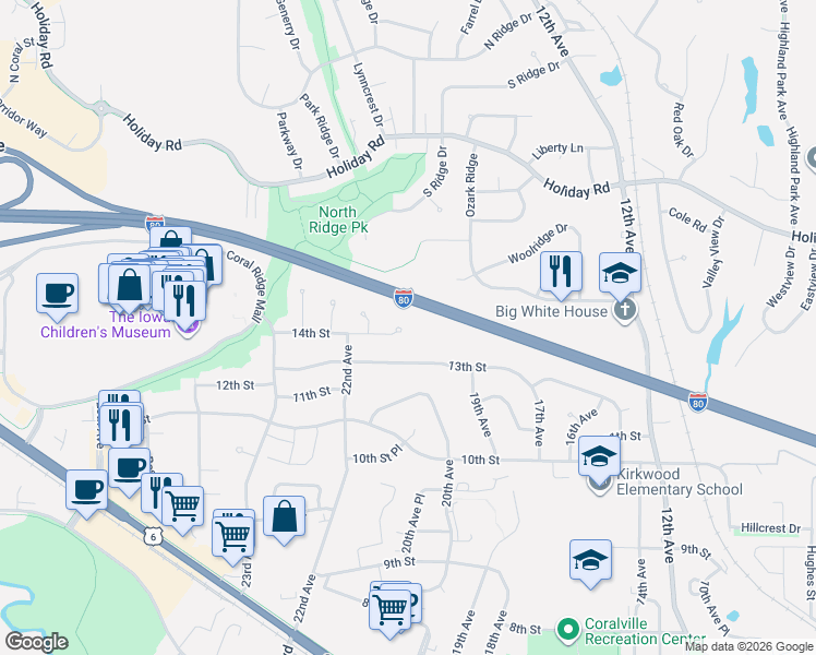 map of restaurants, bars, coffee shops, grocery stores, and more near 2107 14th Street in Coralville