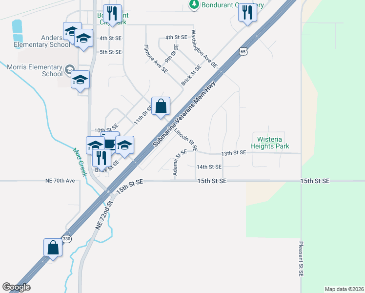map of restaurants, bars, coffee shops, grocery stores, and more near 1202 Kadin Trail in Bondurant
