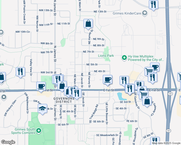 map of restaurants, bars, coffee shops, grocery stores, and more near 312 Northeast Harvey Street in Grimes