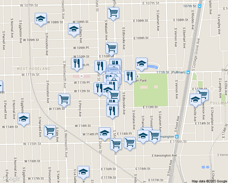 map of restaurants, bars, coffee shops, grocery stores, and more near 11201 South Michigan Avenue in Chicago
