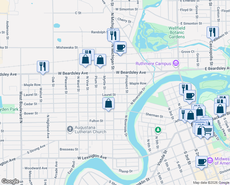 map of restaurants, bars, coffee shops, grocery stores, and more near 636 Laurel Street in Elkhart