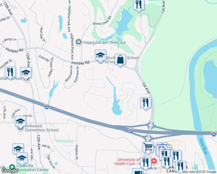 map of restaurants, bars, coffee shops, grocery stores, and more near 347 Sierra Trce in Coralville
