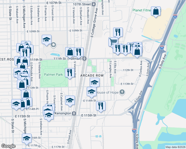 map of restaurants, bars, coffee shops, grocery stores, and more near 531 E 112th St in Chicago