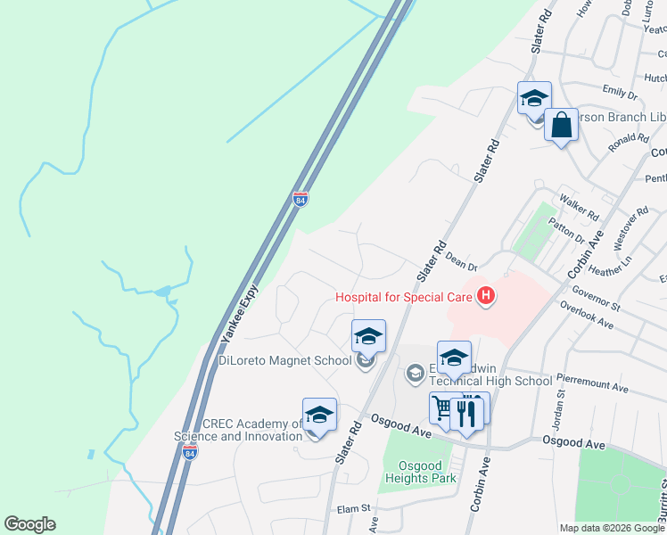 map of restaurants, bars, coffee shops, grocery stores, and more near 104 Bay Avenue in New Britain