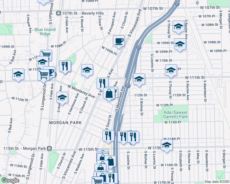 map of restaurants, bars, coffee shops, grocery stores, and more near 11132 South Hamlet Avenue in Chicago