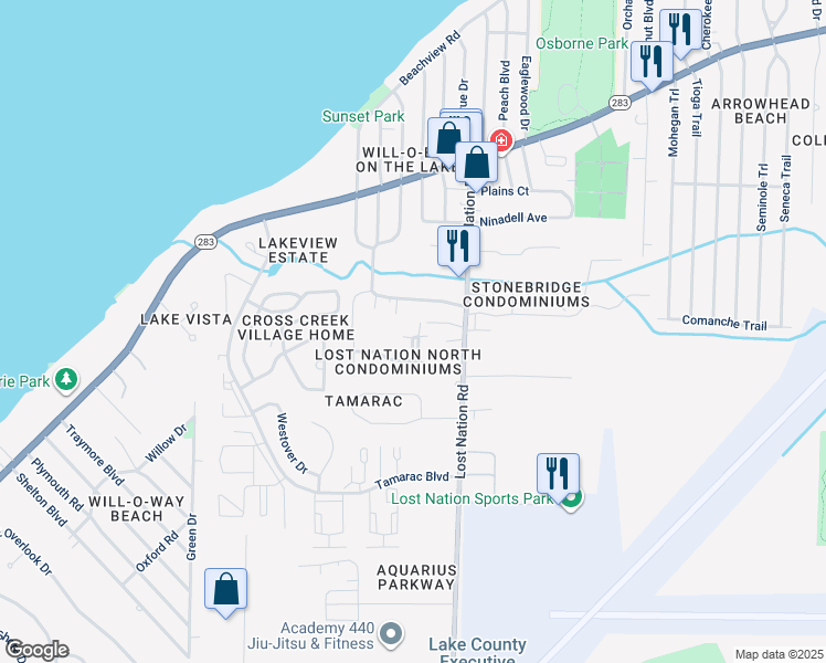 map of restaurants, bars, coffee shops, grocery stores, and more near 38415 North Lane in Willoughby