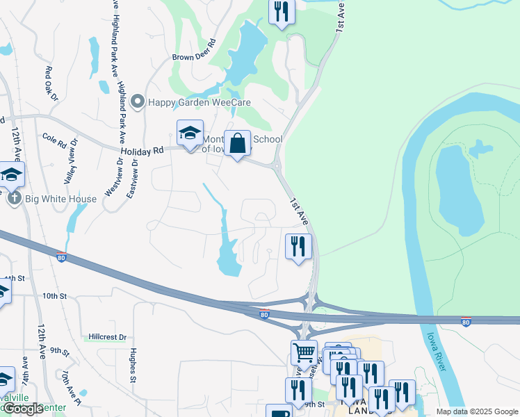 map of restaurants, bars, coffee shops, grocery stores, and more near 3 Russell Slade Boulevard in Coralville