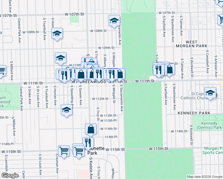 map of restaurants, bars, coffee shops, grocery stores, and more near 11116 South Whipple Street in Chicago