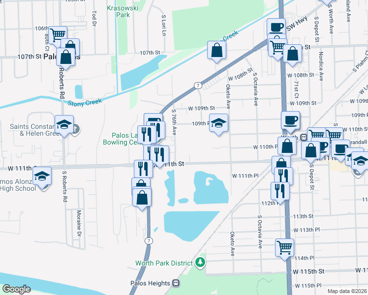 map of restaurants, bars, coffee shops, grocery stores, and more near 11001 South 76th Avenue in Worth