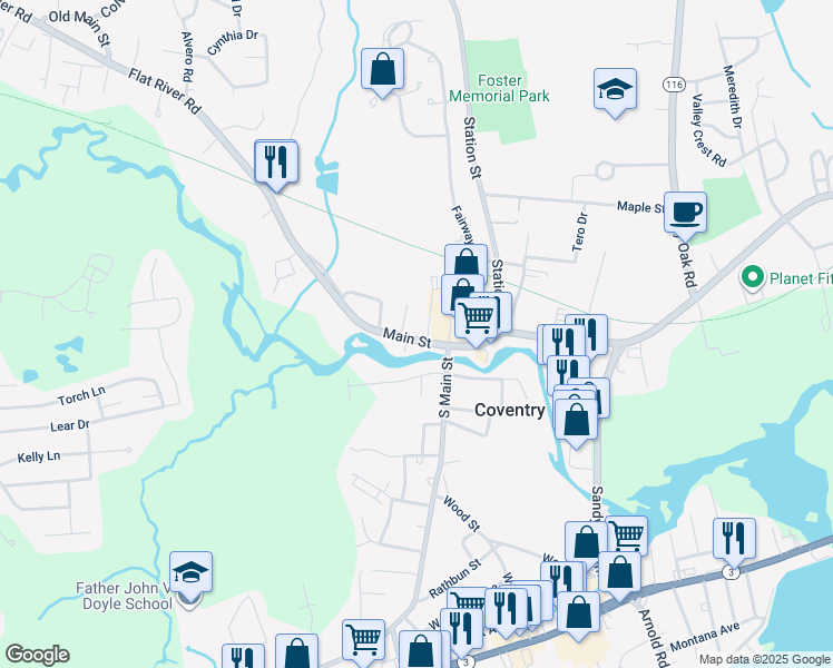 map of restaurants, bars, coffee shops, grocery stores, and more near 1197 Main Street in Coventry