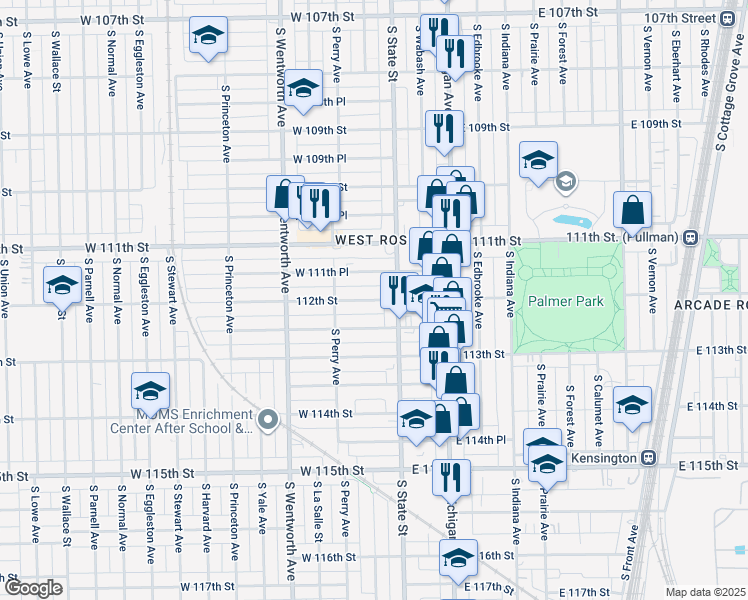 map of restaurants, bars, coffee shops, grocery stores, and more near 26 W 112th St in Chicago