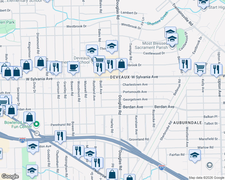 map of restaurants, bars, coffee shops, grocery stores, and more near 2545 Charlestown Avenue in Toledo