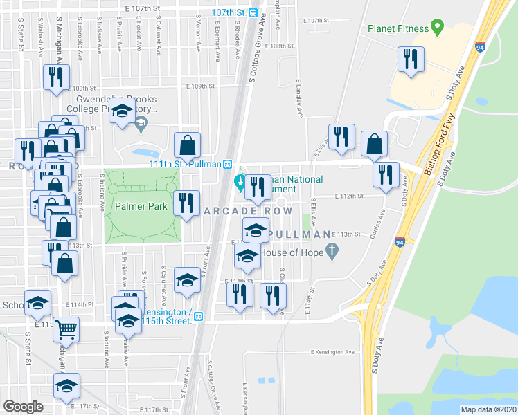 map of restaurants, bars, coffee shops, grocery stores, and more near 543 East 112th Street in Chicago