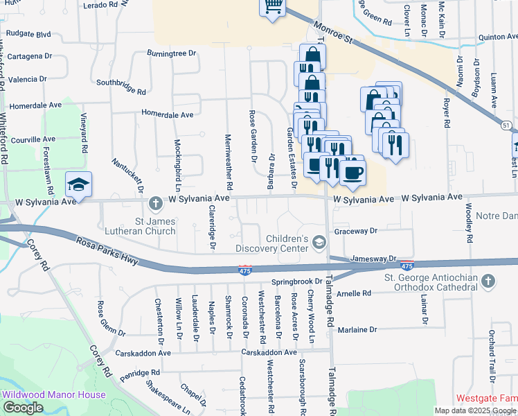 map of restaurants, bars, coffee shops, grocery stores, and more near 4445 West Sylvania Avenue in Toledo