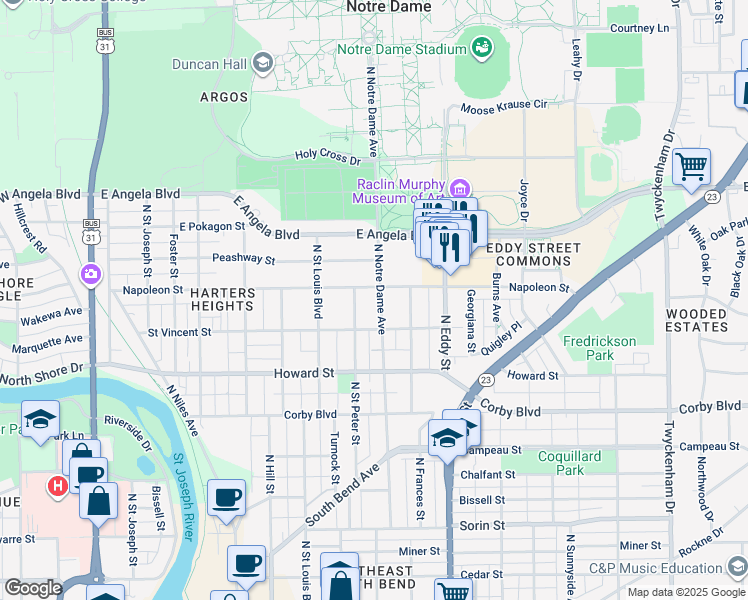 map of restaurants, bars, coffee shops, grocery stores, and more near 1127 North Notre Dame Avenue in South Bend