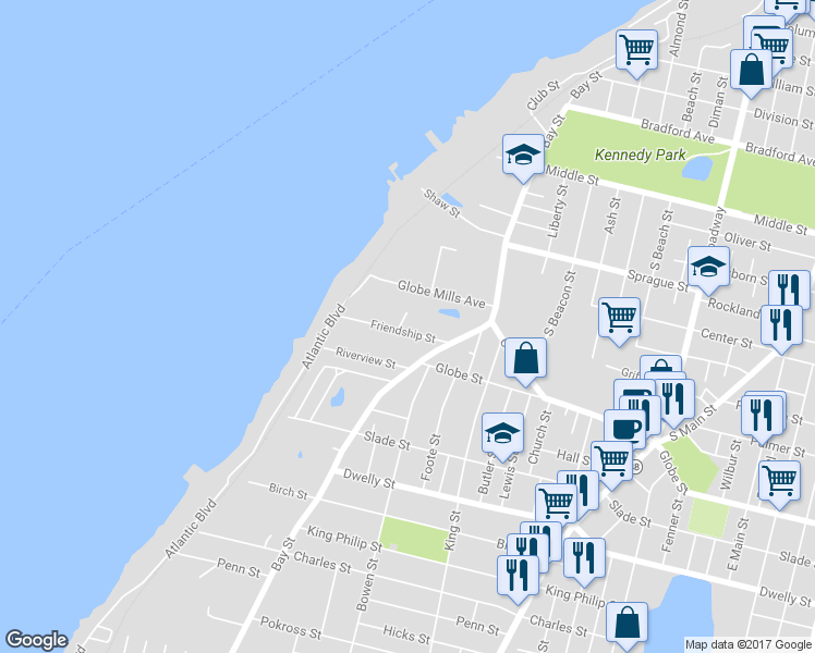 map of restaurants, bars, coffee shops, grocery stores, and more near 144 Friendship Street in Fall River