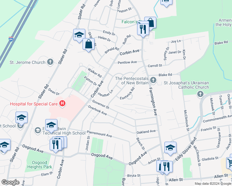 map of restaurants, bars, coffee shops, grocery stores, and more near 62 McKinley Drive in New Britain
