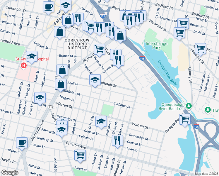 map of restaurants, bars, coffee shops, grocery stores, and more near 351 Tecumseh Street in Fall River