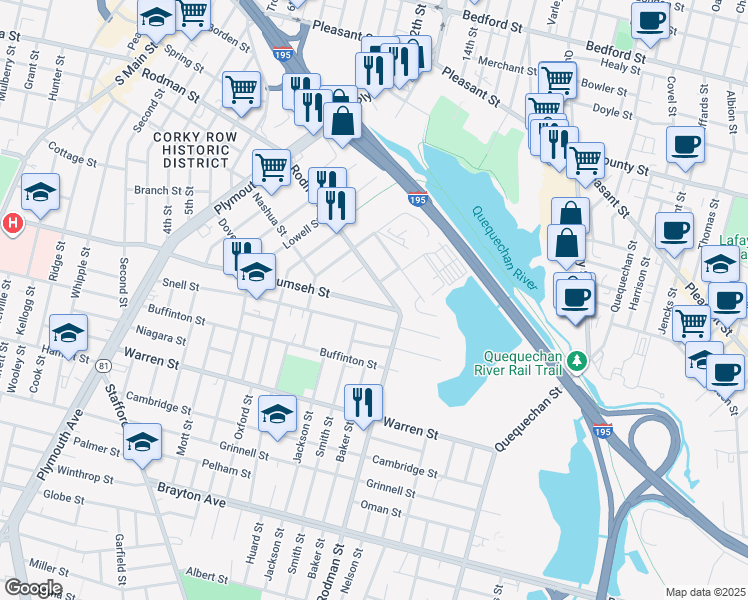 map of restaurants, bars, coffee shops, grocery stores, and more near 490 Tecumseh Street in Fall River