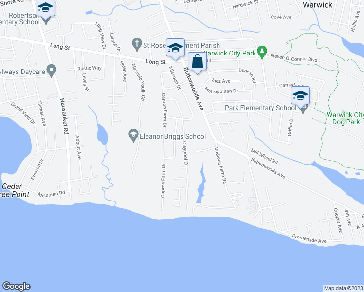map of restaurants, bars, coffee shops, grocery stores, and more near 185 Claypool Drive in Warwick