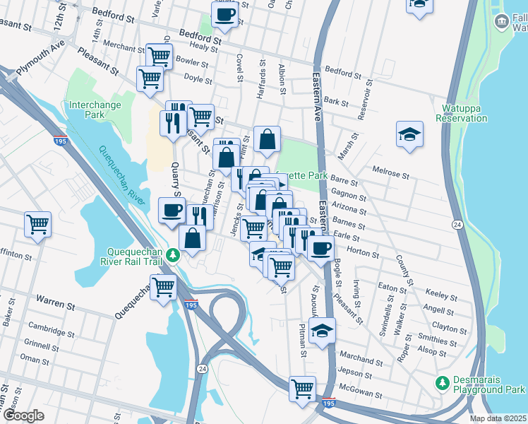 map of restaurants, bars, coffee shops, grocery stores, and more near 1384 Pleasant Street in Fall River