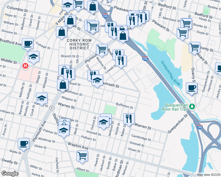 map of restaurants, bars, coffee shops, grocery stores, and more near 351 Tecumseh Street in Fall River
