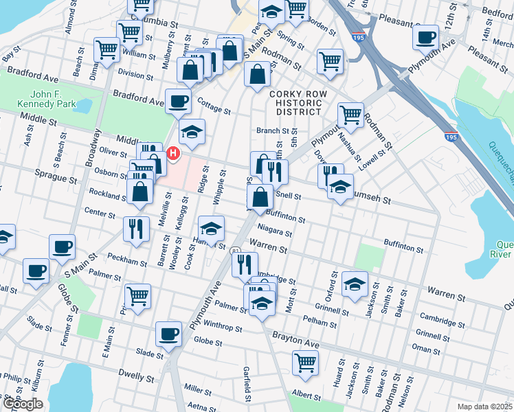 map of restaurants, bars, coffee shops, grocery stores, and more near 867 Plymouth Avenue in Fall River