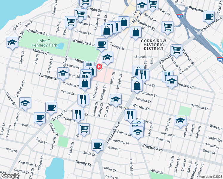 map of restaurants, bars, coffee shops, grocery stores, and more near 457 Whipple Street in Fall River