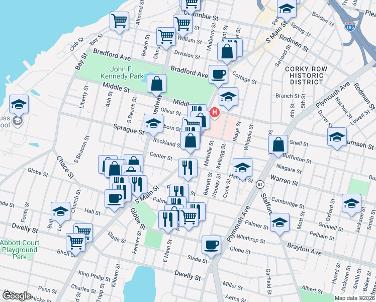 map of restaurants, bars, coffee shops, grocery stores, and more near 1001 South Main Street in Fall River