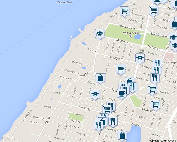 map of restaurants, bars, coffee shops, grocery stores, and more near 701 Bay Street in Fall River