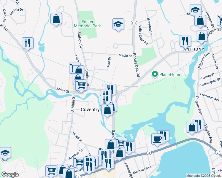map of restaurants, bars, coffee shops, grocery stores, and more near 1035 Main Street in Coventry