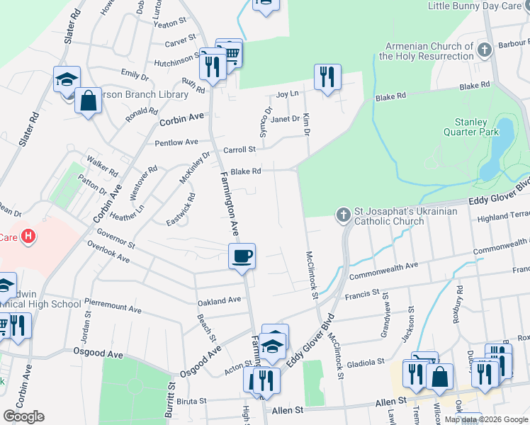 map of restaurants, bars, coffee shops, grocery stores, and more near 56 Sandy Brook Drive in New Britain