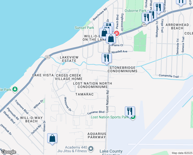map of restaurants, bars, coffee shops, grocery stores, and more near 38415 North Lane in Willoughby