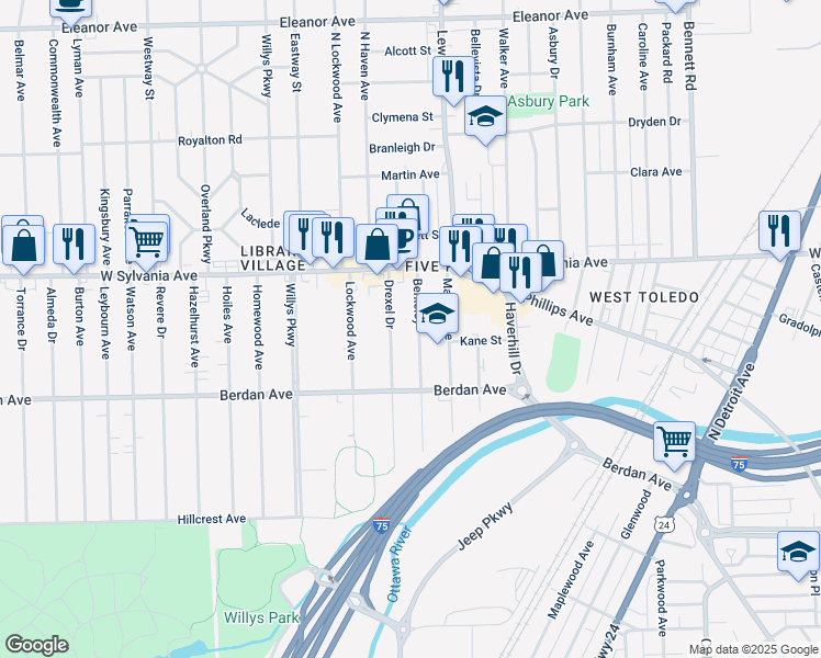 map of restaurants, bars, coffee shops, grocery stores, and more near 3910 Berkeley in Toledo