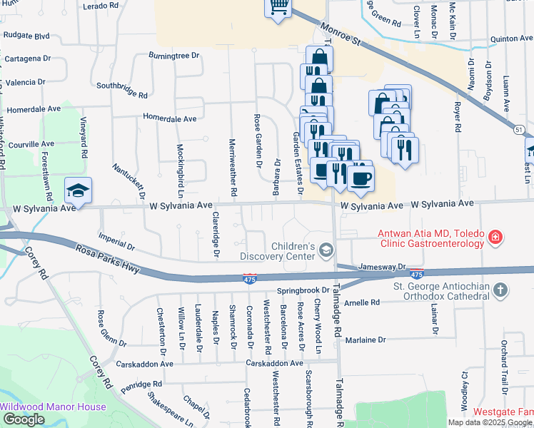 map of restaurants, bars, coffee shops, grocery stores, and more near 4445 West Sylvania Avenue in Toledo
