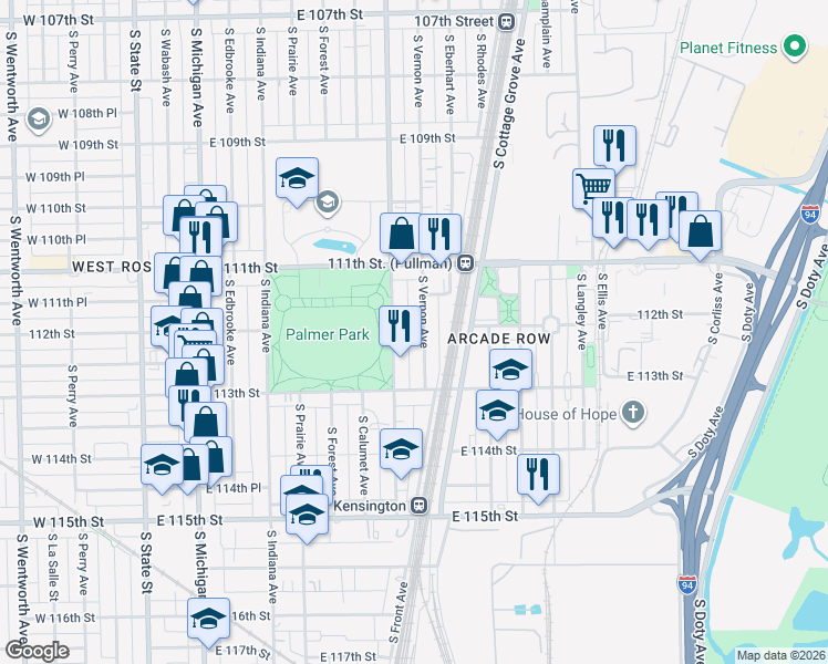 map of restaurants, bars, coffee shops, grocery stores, and more near 11159 South Vernon Avenue in Chicago