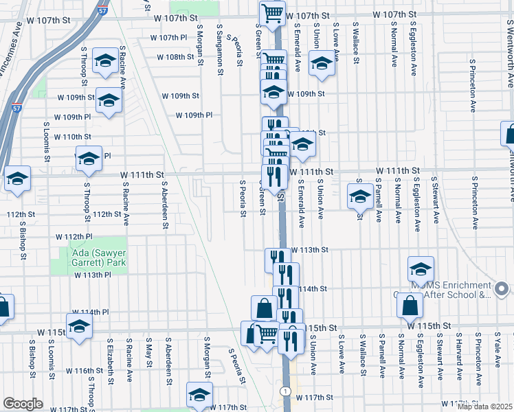 map of restaurants, bars, coffee shops, grocery stores, and more near 11147 South Green Street in Chicago
