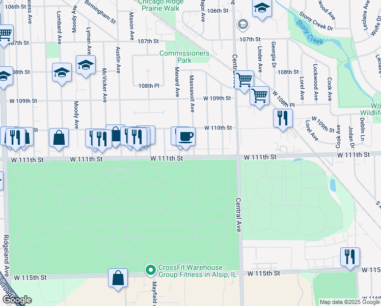 map of restaurants, bars, coffee shops, grocery stores, and more near 5730 West 111th Street in Chicago Ridge