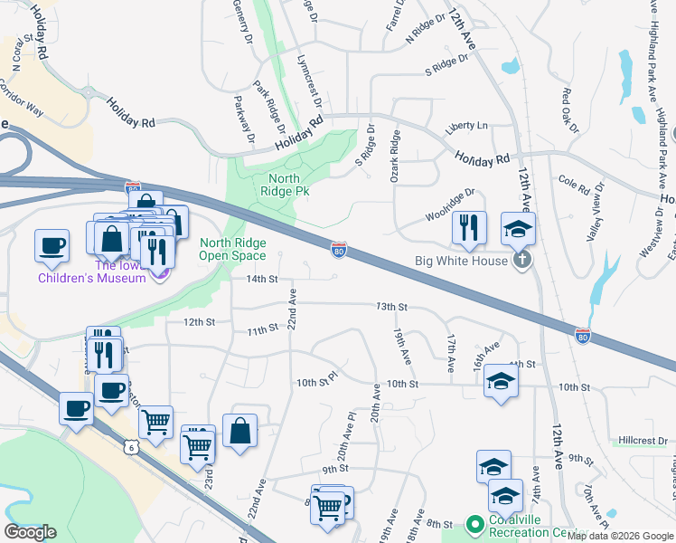 map of restaurants, bars, coffee shops, grocery stores, and more near 2107 14th Street in Coralville