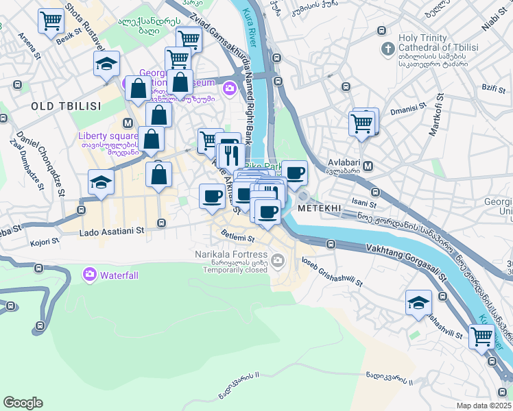 map of restaurants, bars, coffee shops, grocery stores, and more near Bambis Rigi Street in Tbilisi