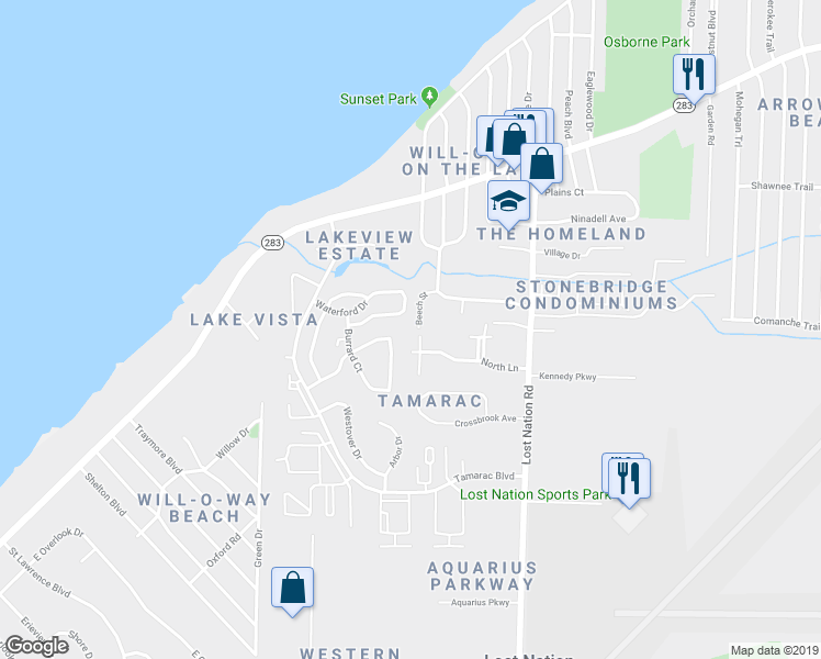 map of restaurants, bars, coffee shops, grocery stores, and more near 1322 Beech Street in Willoughby