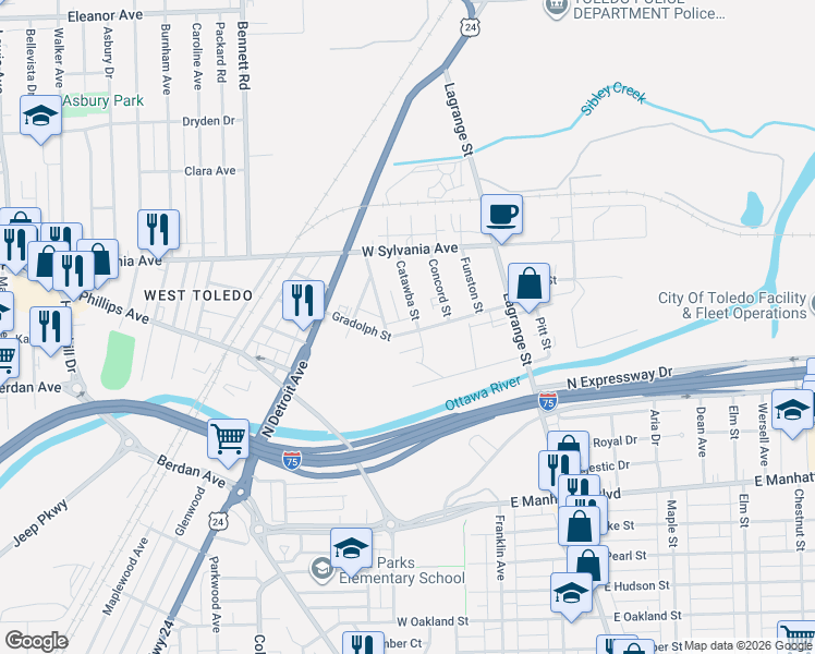 map of restaurants, bars, coffee shops, grocery stores, and more near 3915 Catawba Street in Toledo