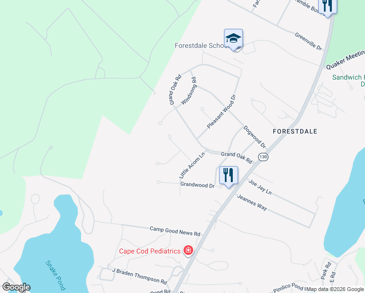 map of restaurants, bars, coffee shops, grocery stores, and more near 8 Ladyslipper Lane in Sandwich