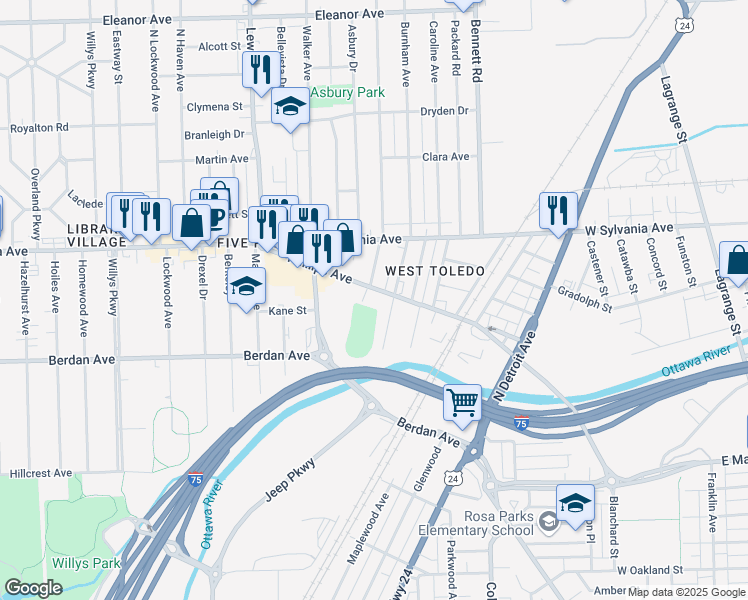 map of restaurants, bars, coffee shops, grocery stores, and more near 703 Phillips Avenue in Toledo