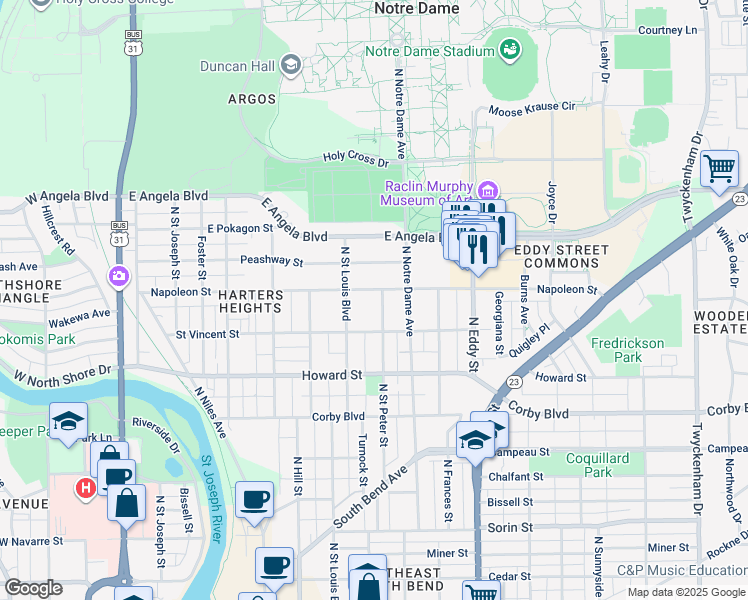 map of restaurants, bars, coffee shops, grocery stores, and more near 1127 North Saint Peter Street in South Bend