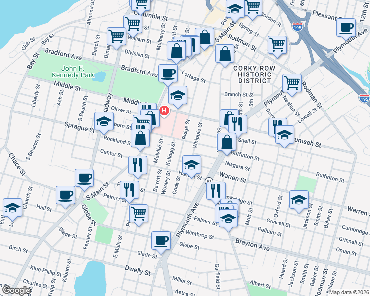 map of restaurants, bars, coffee shops, grocery stores, and more near 457 Whipple Street in Fall River