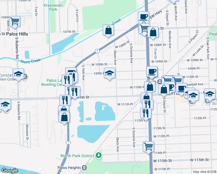map of restaurants, bars, coffee shops, grocery stores, and more near 11026 Oketo Avenue in Worth