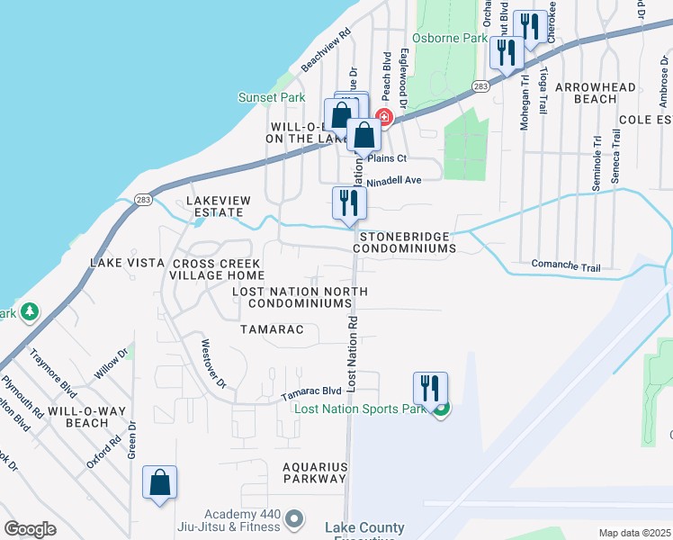 map of restaurants, bars, coffee shops, grocery stores, and more near 1344 Indian Pointe Drive in Willoughby