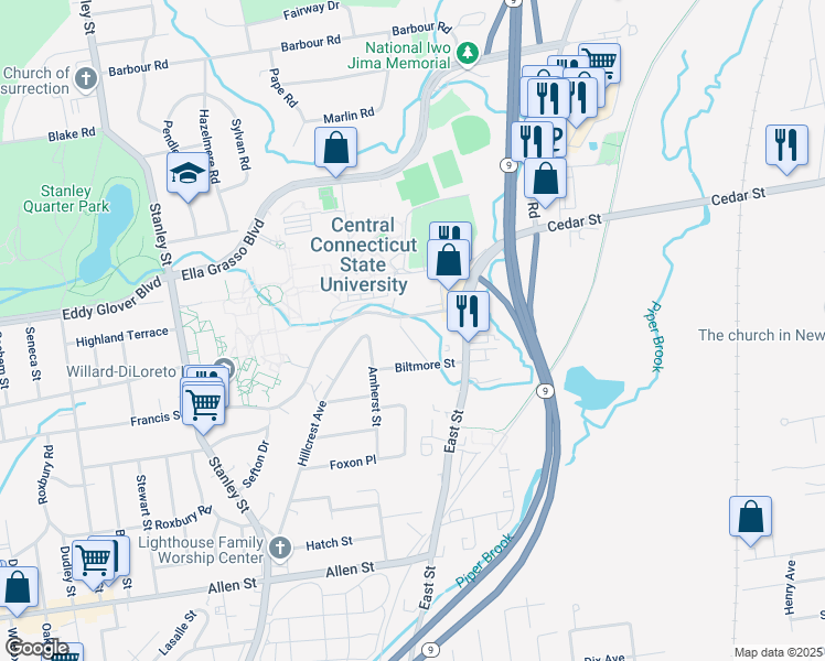 map of restaurants, bars, coffee shops, grocery stores, and more near 39 Covington Street in New Britain
