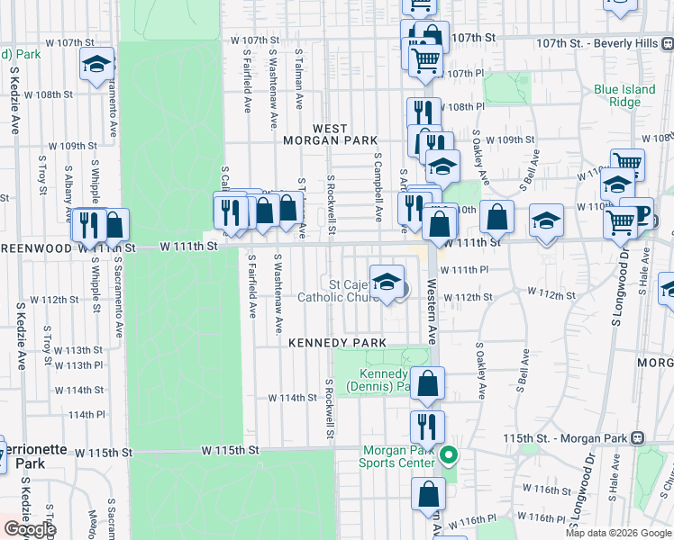 map of restaurants, bars, coffee shops, grocery stores, and more near 2550 West 112th Street in Chicago